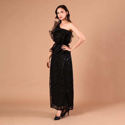 Black One-Shoulder Organza Ruffle Sequin Gown