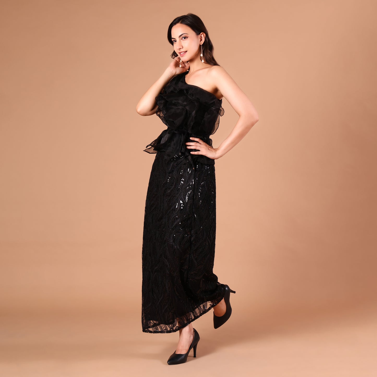 Black One-Shoulder Organza Ruffle Sequin Gown