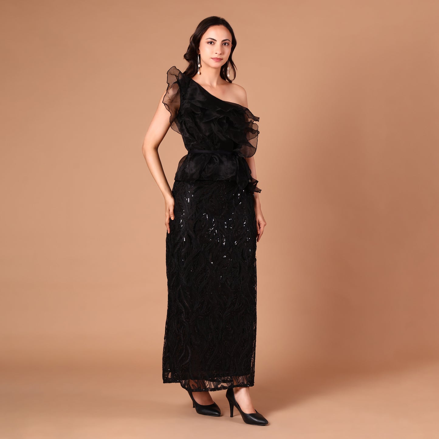 Black One-Shoulder Organza Ruffle Sequin Gown