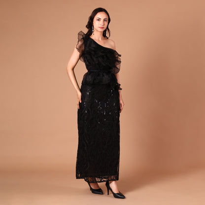 Black One-Shoulder Organza Ruffle Sequin Gown