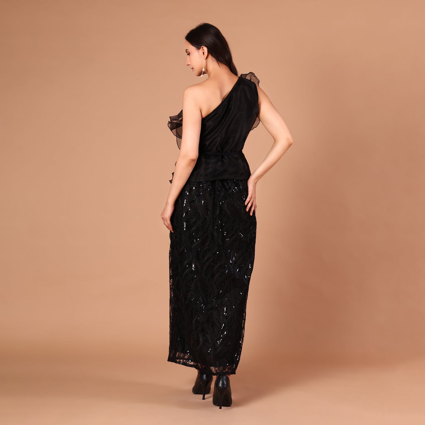 Black One-Shoulder Organza Ruffle Sequin Gown
