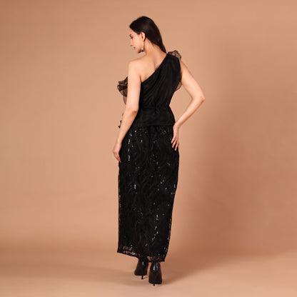 Black One-Shoulder Organza Ruffle Sequin Gown