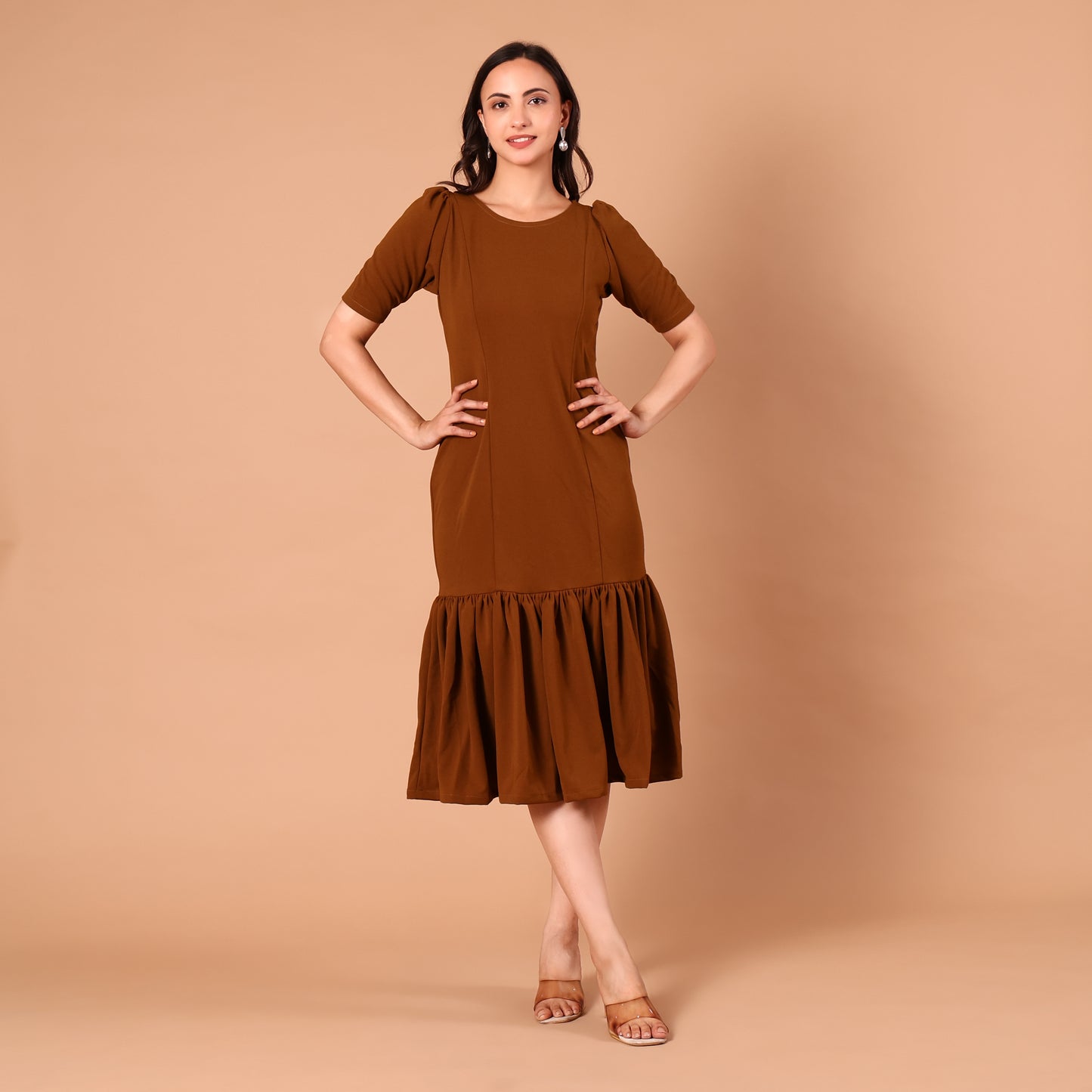 Rust Brown Drop-Waist Pleated Midi Dress