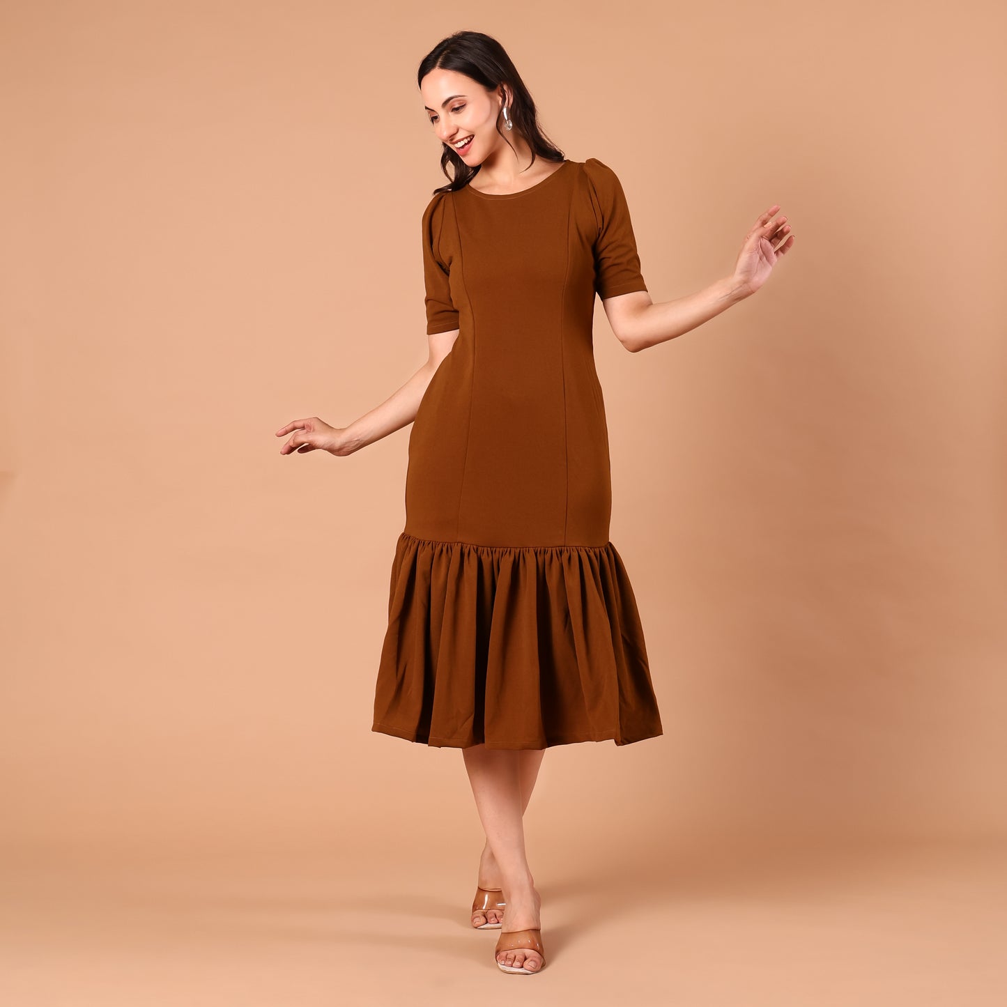 Rust Brown Drop-Waist Pleated Midi Dress