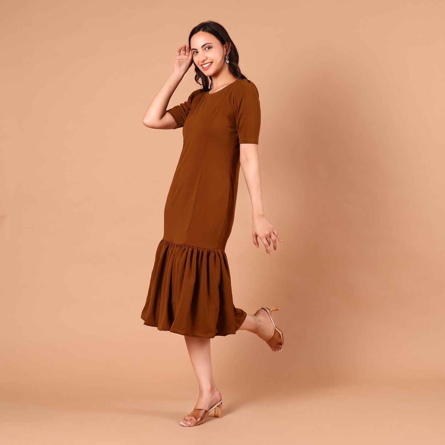 Rust Brown Drop-Waist Pleated Midi Dress