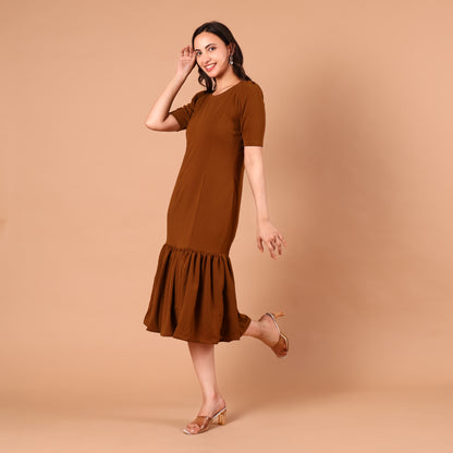 Rust Brown Drop-Waist Pleated Midi Dress