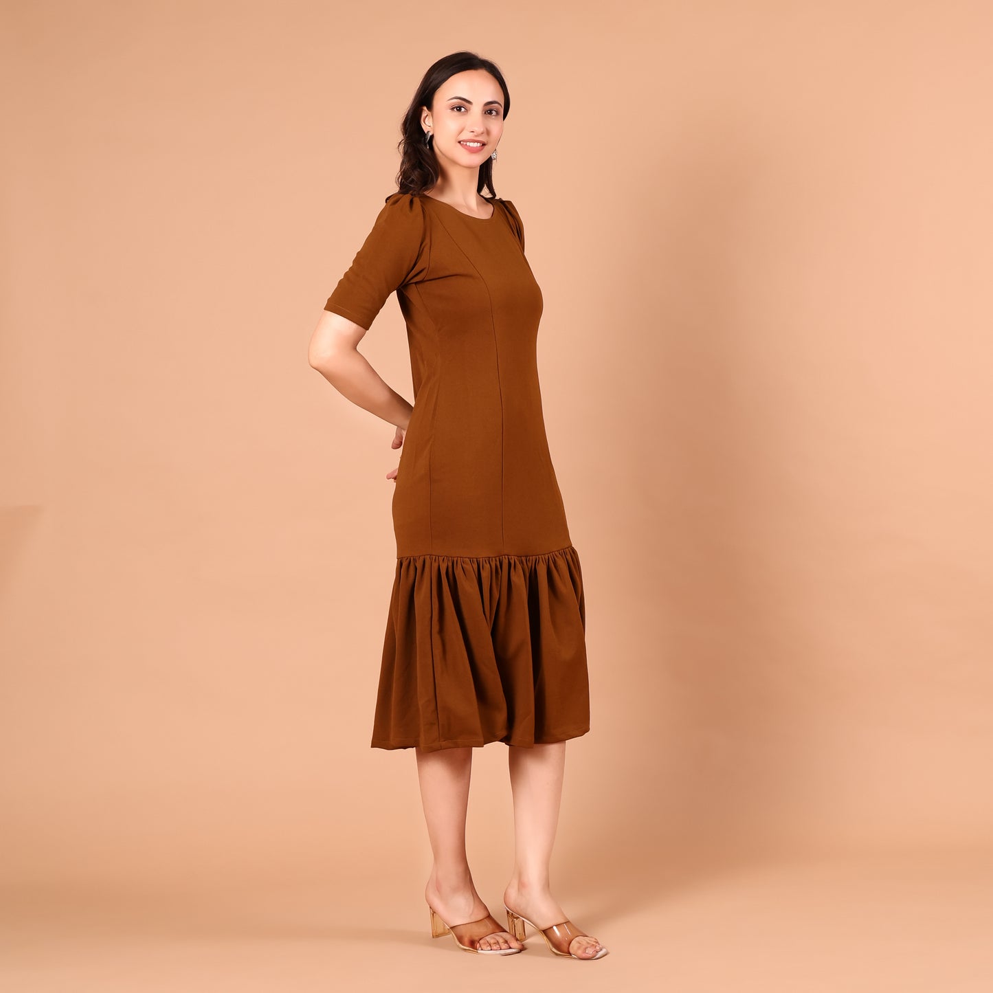 Rust Brown Drop-Waist Pleated Midi Dress