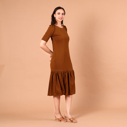 Rust Brown Drop-Waist Pleated Midi Dress