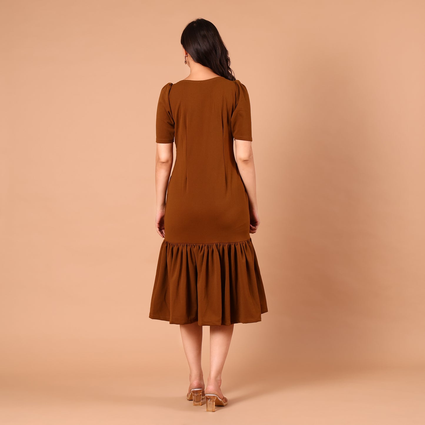 Rust Brown Drop-Waist Pleated Midi Dress