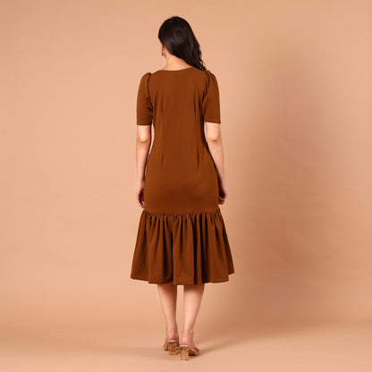 Rust Brown Drop-Waist Pleated Midi Dress