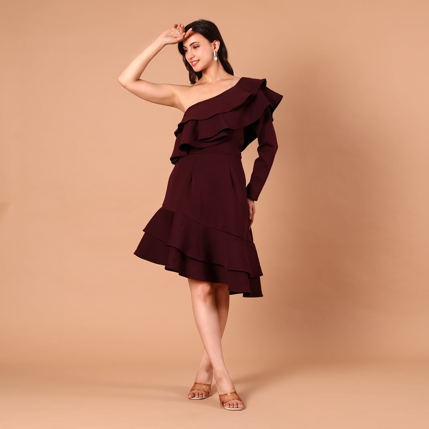 Burgundy One-Shoulder Ruffle Dress