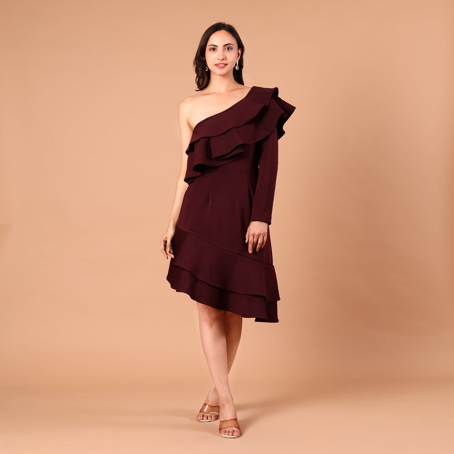 Burgundy One-Shoulder Ruffle Dress