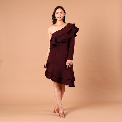 Burgundy One-Shoulder Ruffle Dress