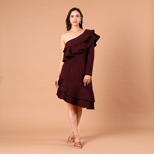 Burgundy One-Shoulder Ruffle Dress