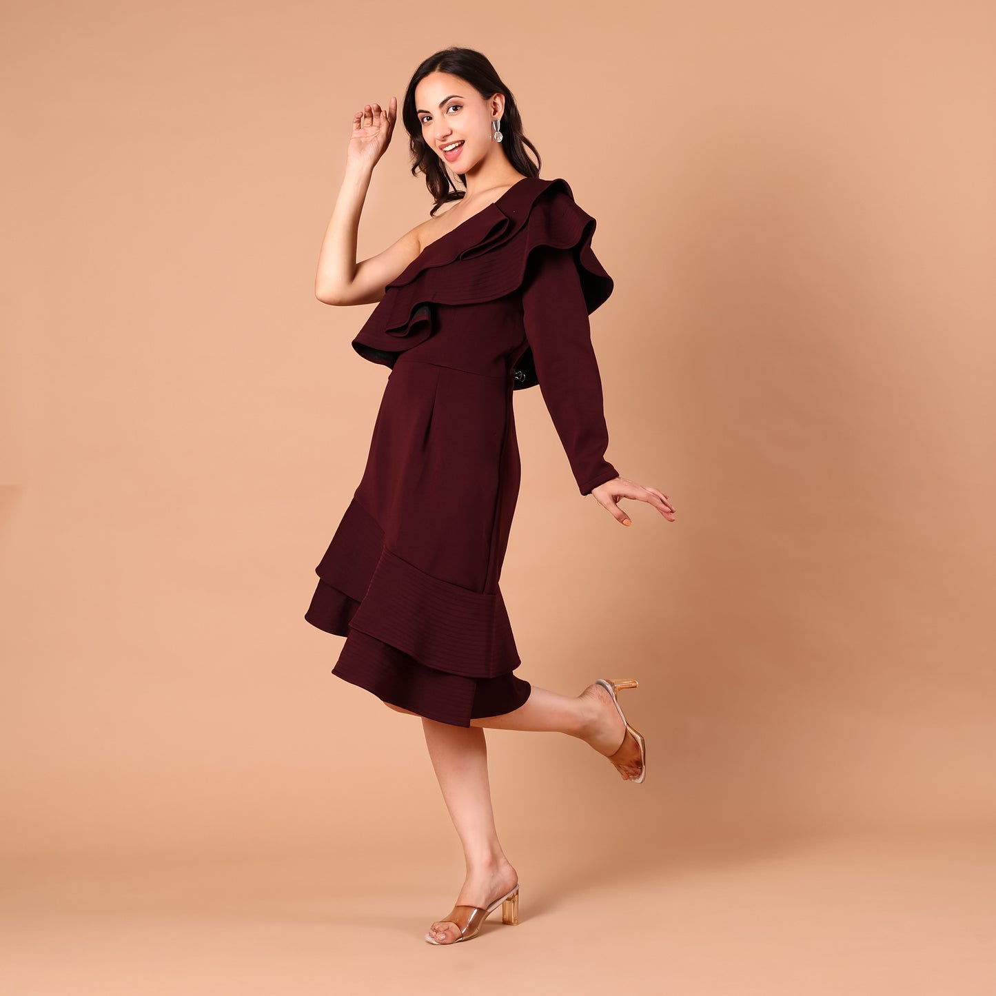 Burgundy One-Shoulder Ruffle Dress