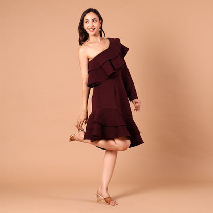 Burgundy One-Shoulder Ruffle Dress