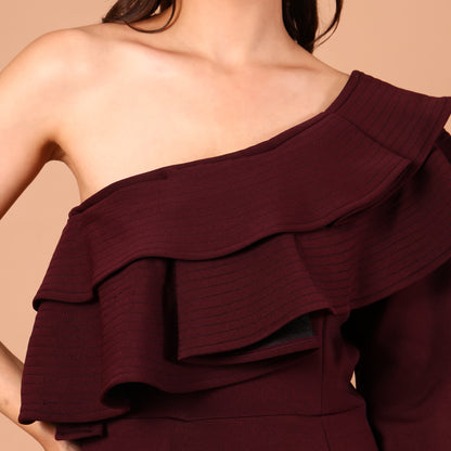 Burgundy One-Shoulder Ruffle Dress