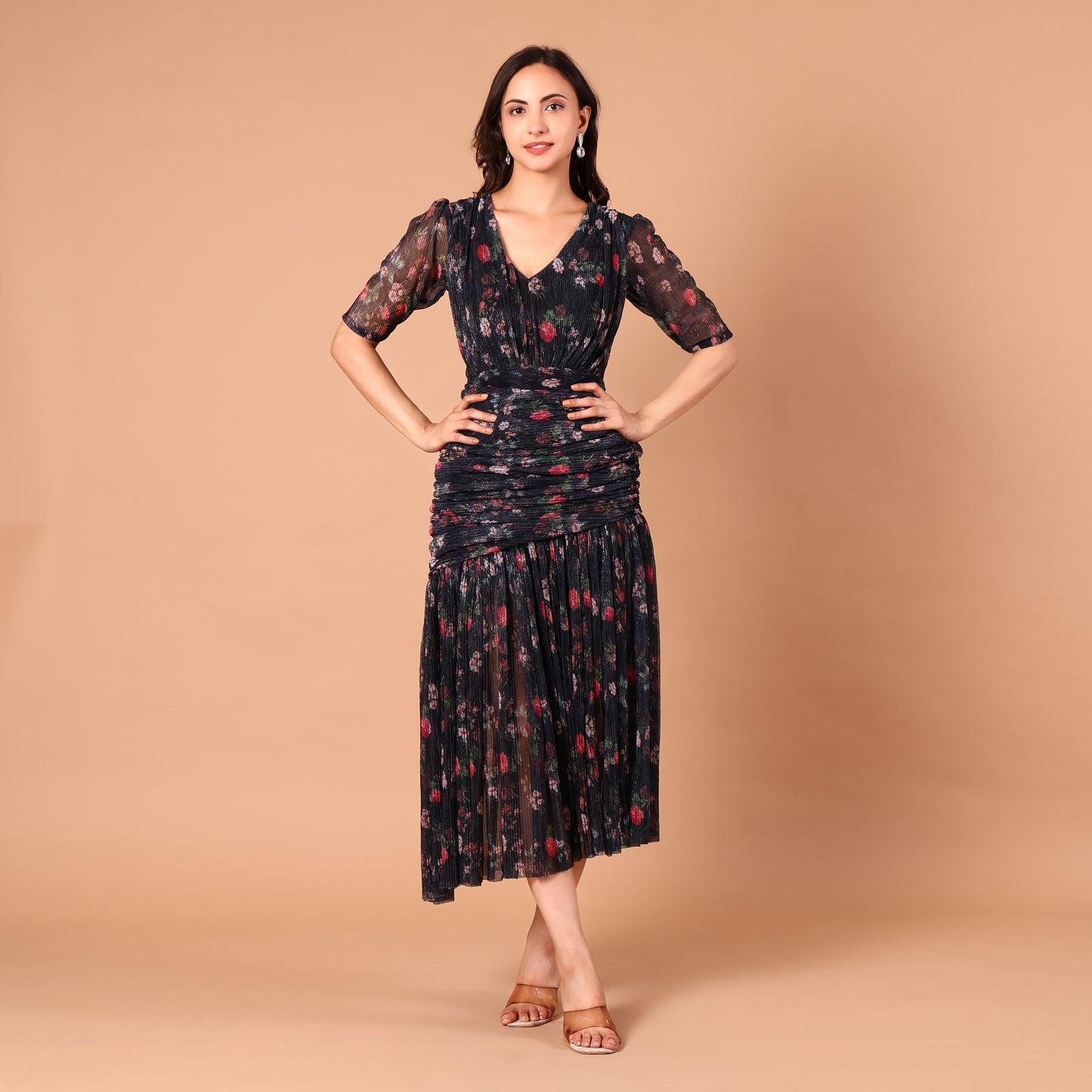 Navy Floral Print Shimmer Midi Dress