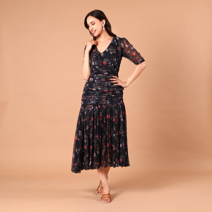 Navy Floral Print Shimmer Midi Dress