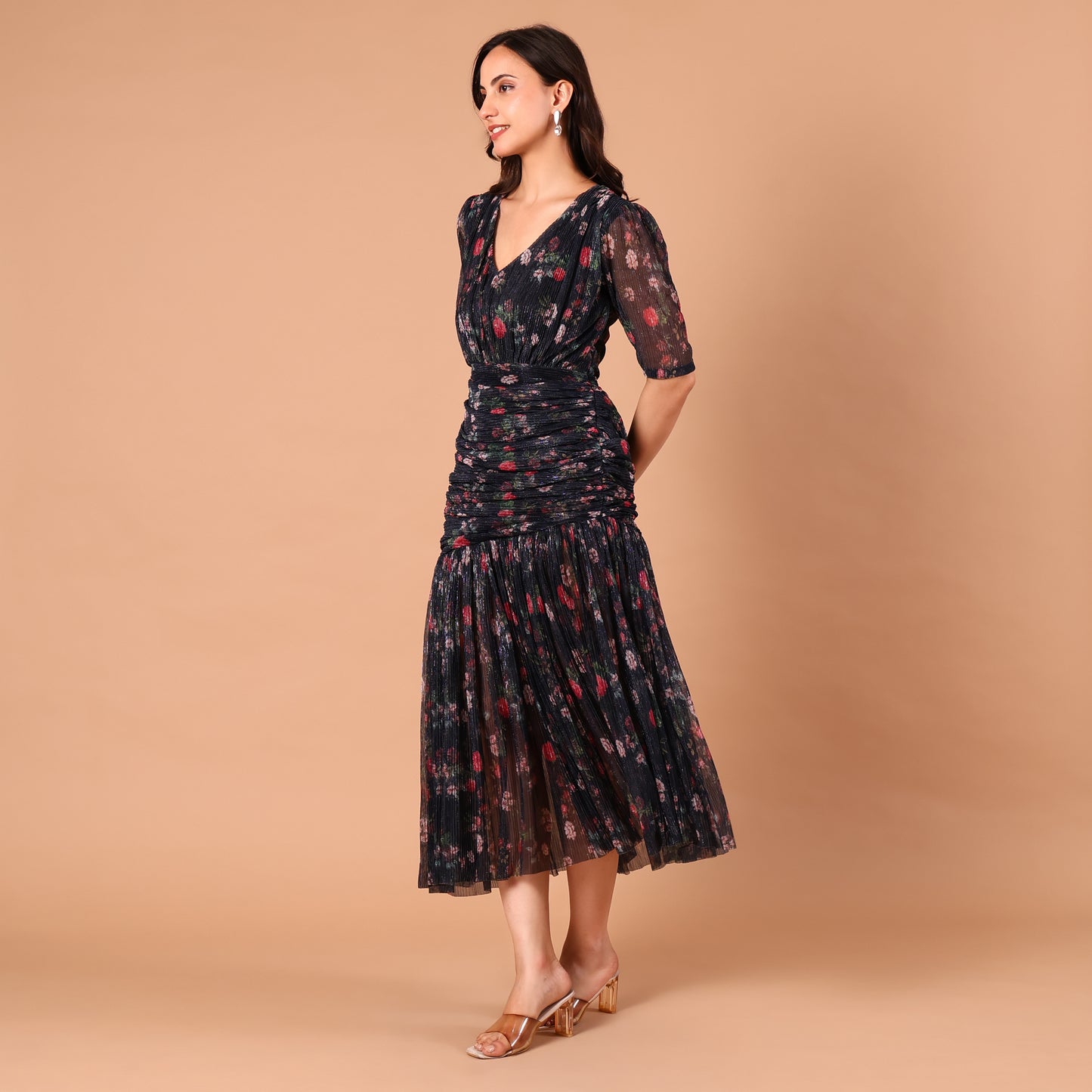 Navy Floral Print Shimmer Midi Dress