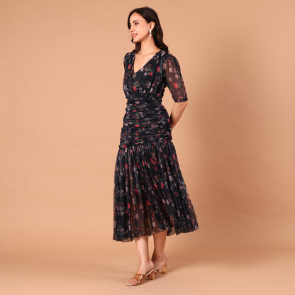 Navy Floral Print Shimmer Midi Dress