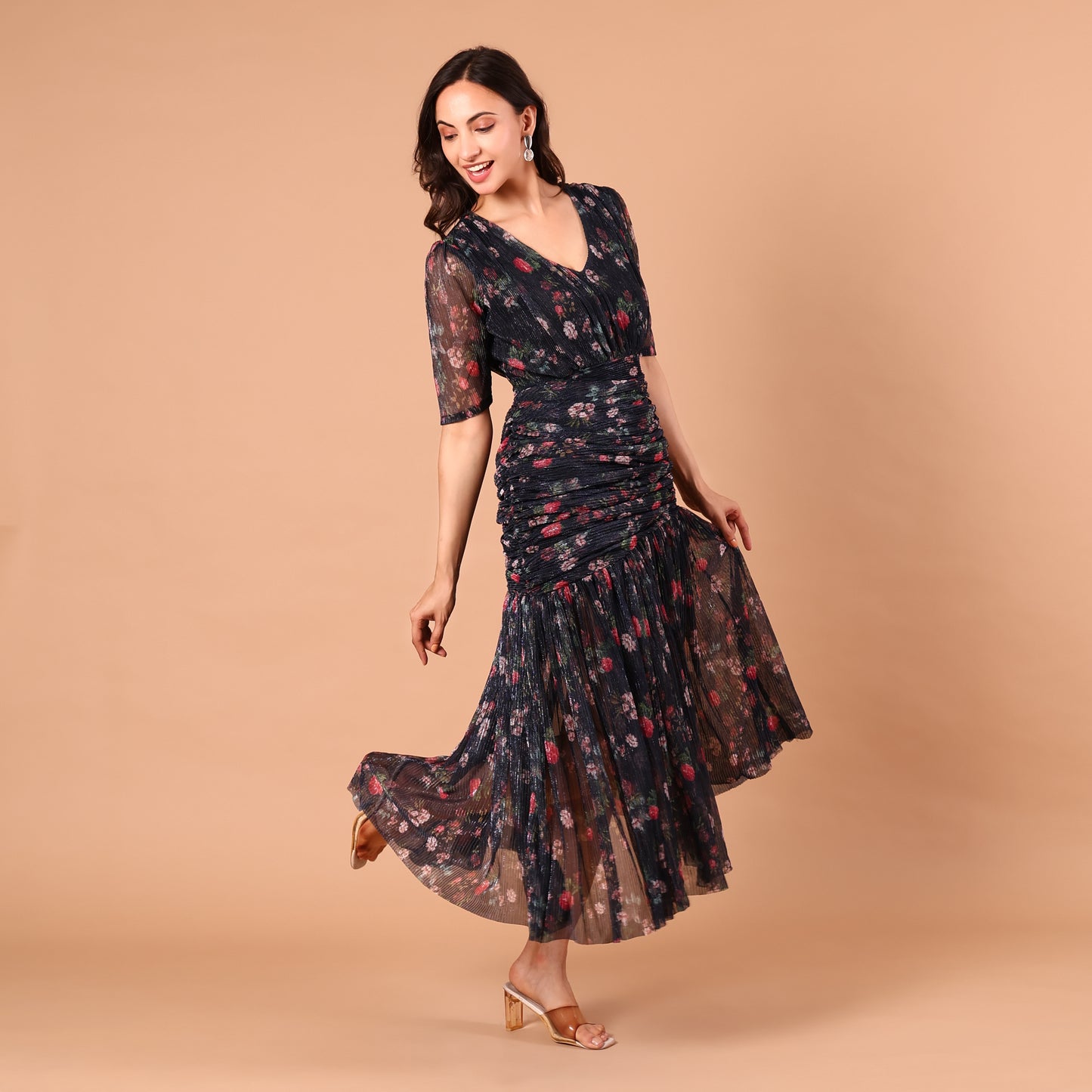 Navy Floral Print Shimmer Midi Dress