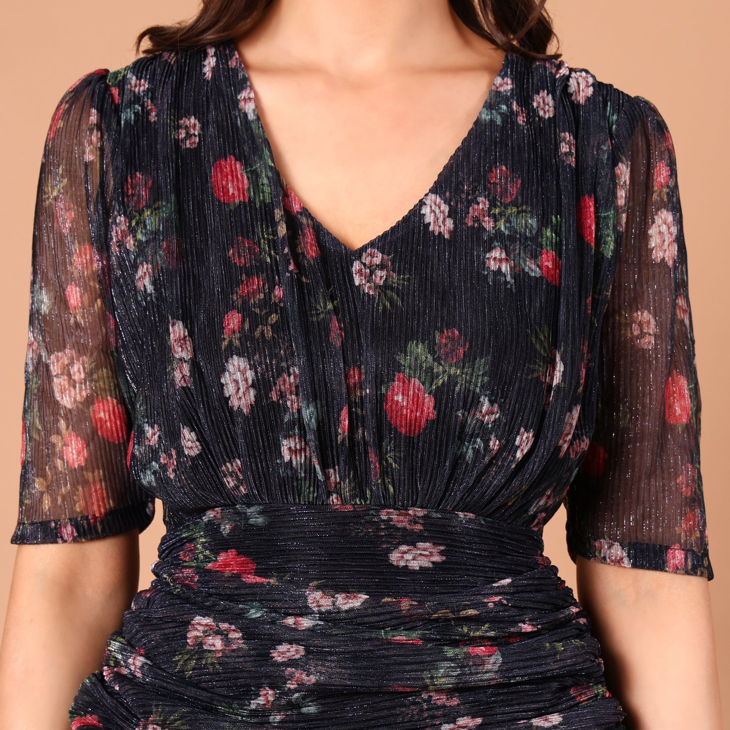 Navy Floral Print Shimmer Midi Dress