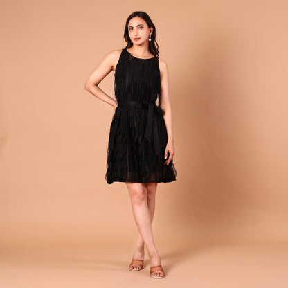 Black Sheer Wave-Textured Belted Dress