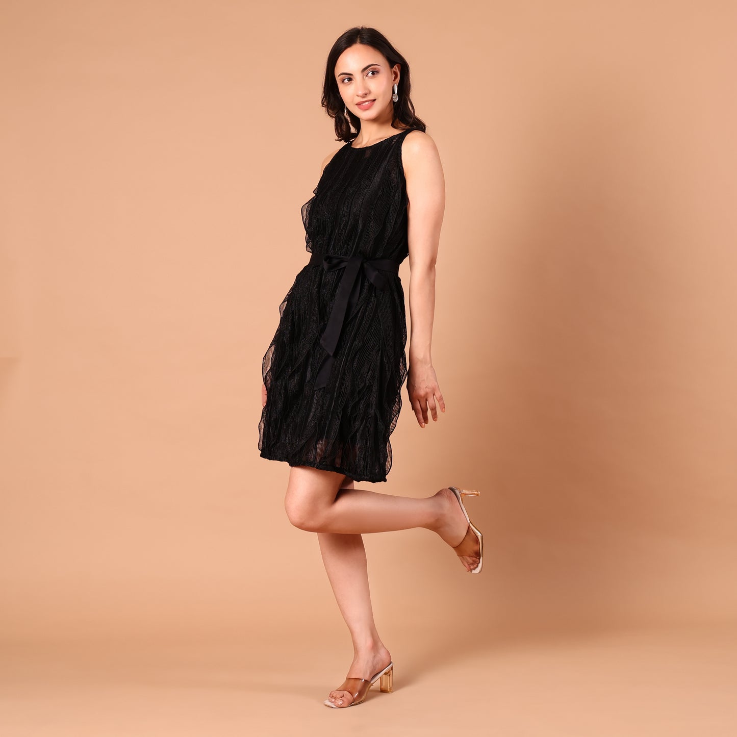 Black Sheer Wave-Textured Belted Dress