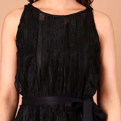Black Sheer Wave-Textured Belted Dress