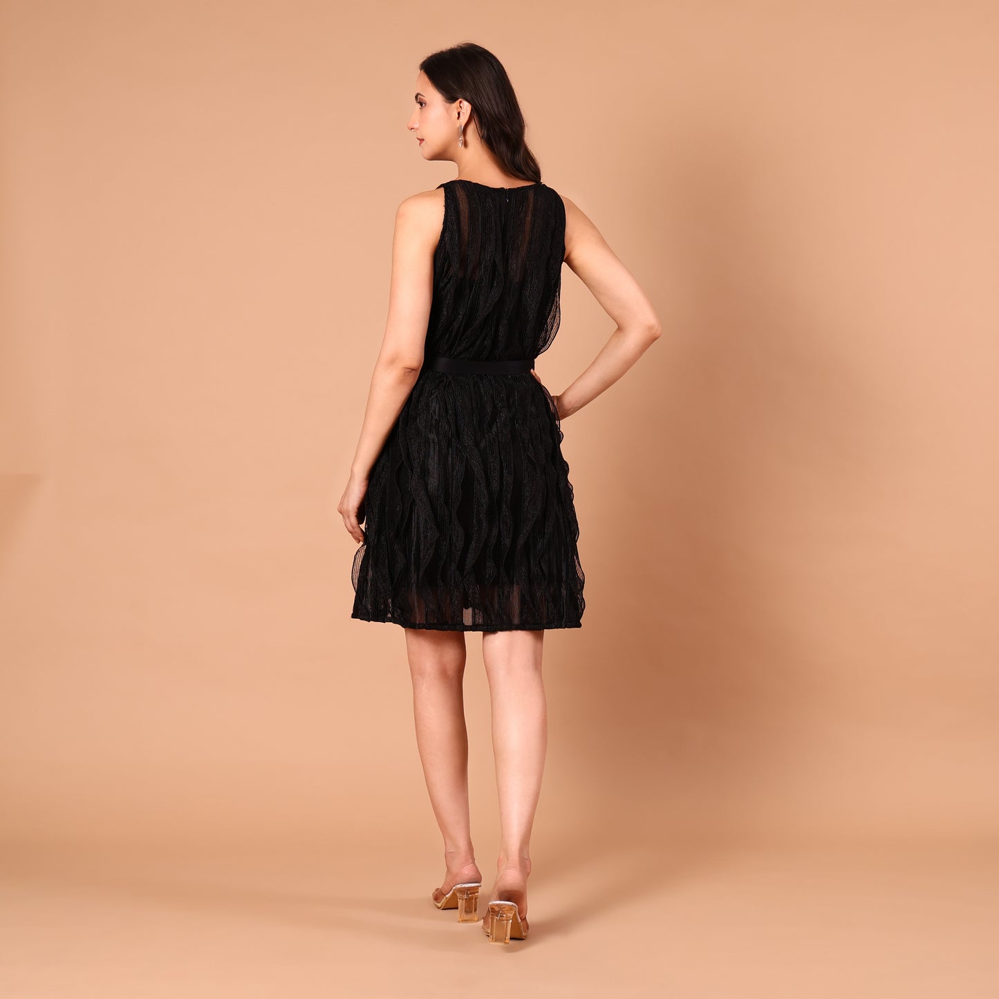 Black Sheer Wave-Textured Belted Dress