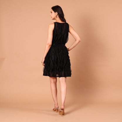 Black Sheer Wave-Textured Belted Dress