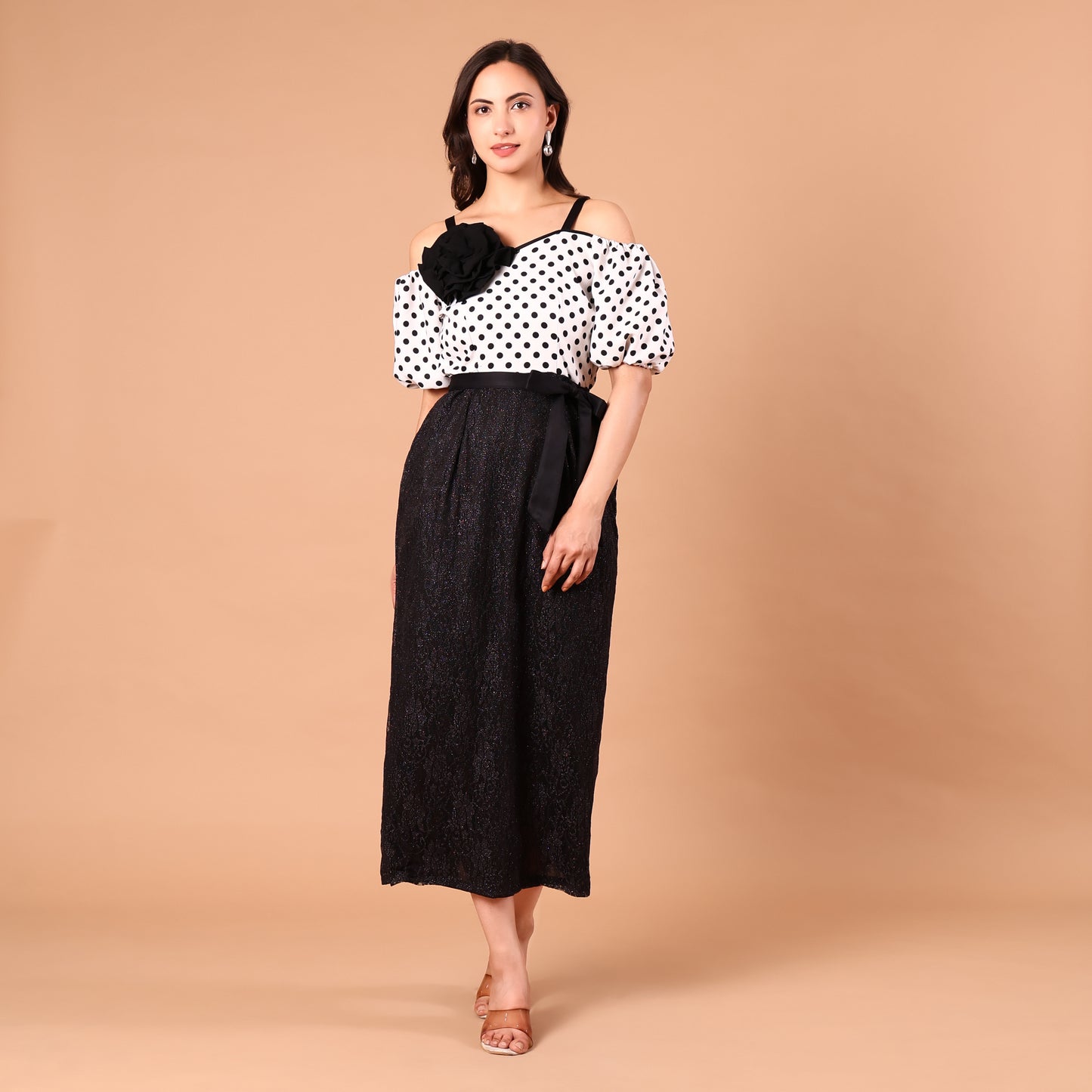 Polka Dot Cold-Shoulder Glitter Skirt Dress