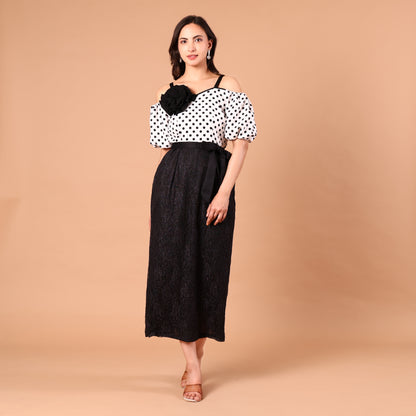Polka Dot Cold-Shoulder Glitter Skirt Dress