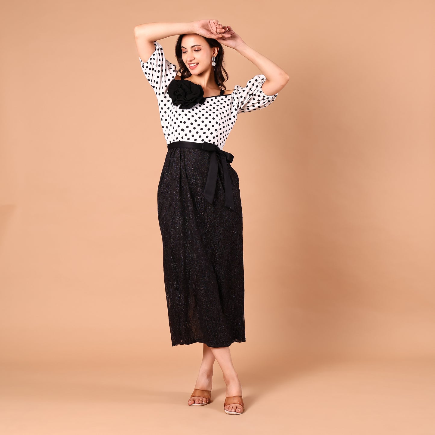 Polka Dot Cold-Shoulder Glitter Skirt Dress