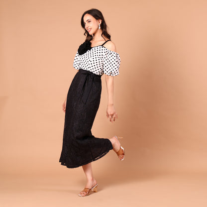 Polka Dot Cold-Shoulder Glitter Skirt Dress
