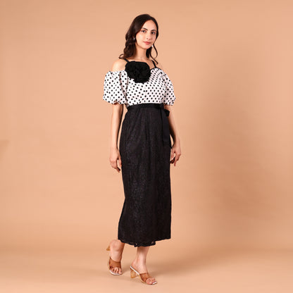Polka Dot Cold-Shoulder Glitter Skirt Dress
