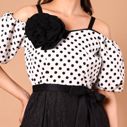 Polka Dot Cold-Shoulder Glitter Skirt Dress