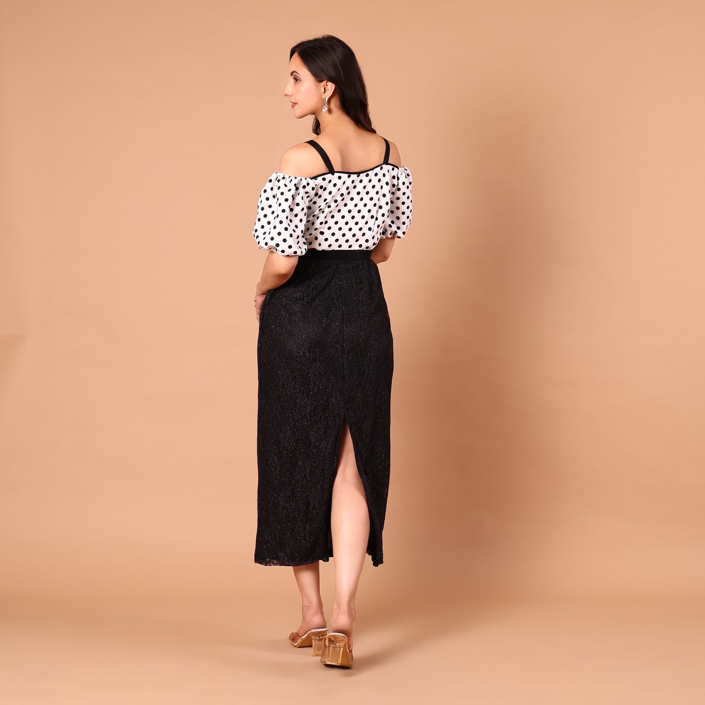 Polka Dot Cold-Shoulder Glitter Skirt Dress