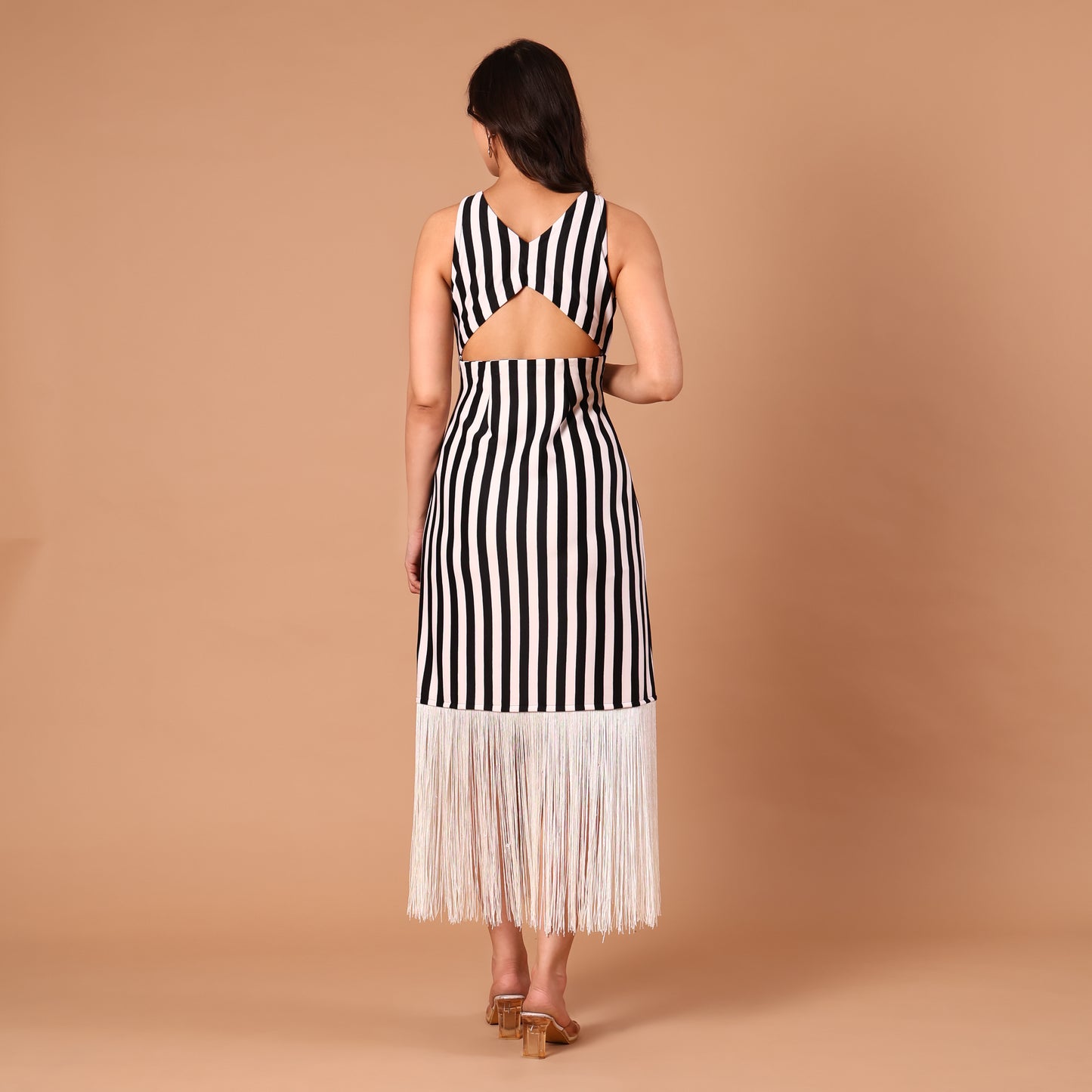 Monochrome Stripe Fringe-Hem Dress