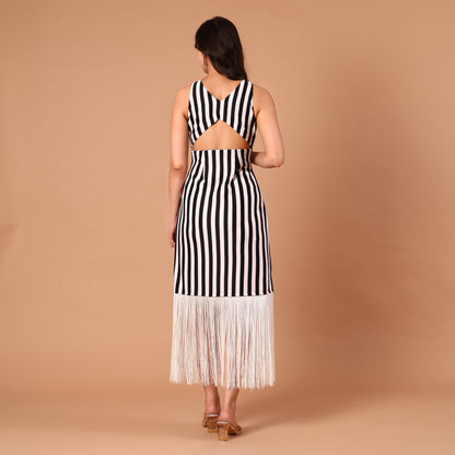 Monochrome Stripe Fringe-Hem Dress