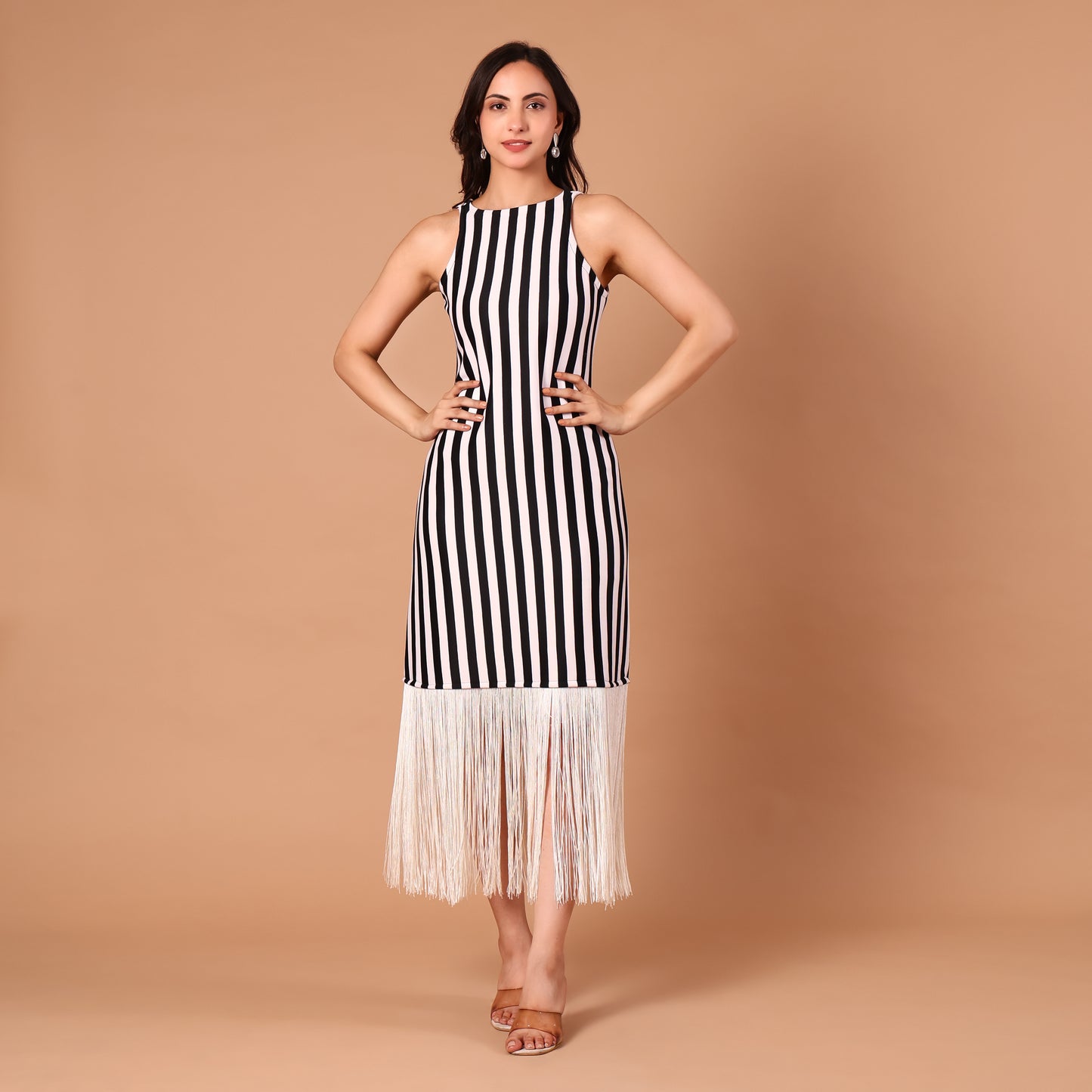 Monochrome Stripe Fringe-Hem Dress