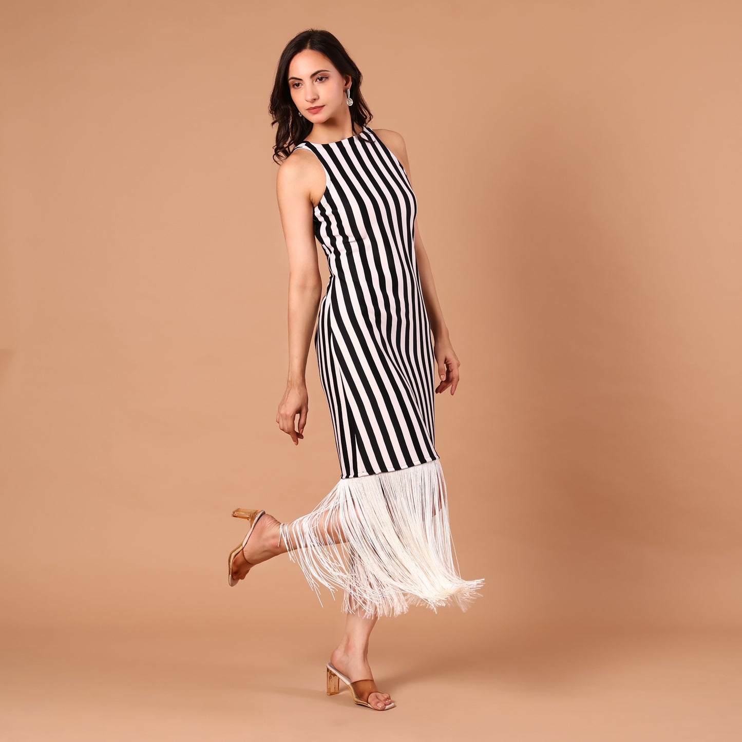 Monochrome Stripe Fringe-Hem Dress