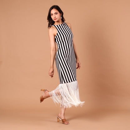 Monochrome Stripe Fringe-Hem Dress