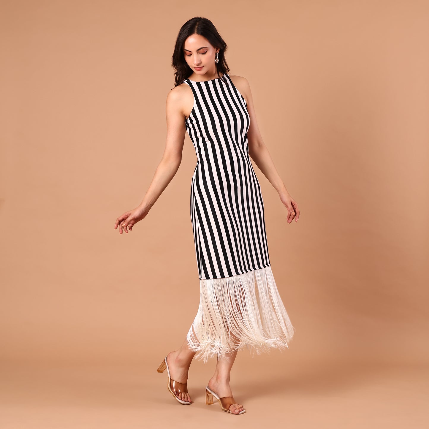 Monochrome Stripe Fringe-Hem Dress