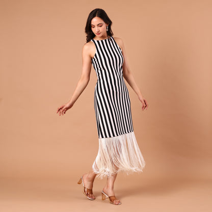 Monochrome Stripe Fringe-Hem Dress