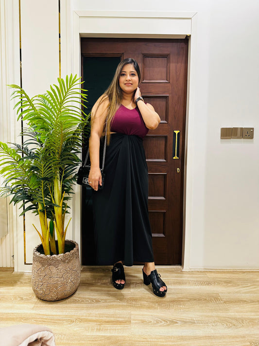 Dual Pleated Dress Maroon Black