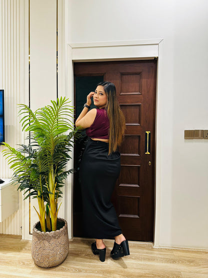 Dual Pleated Dress Maroon Black