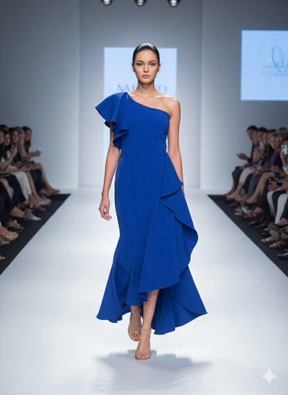 Cobalt Blue One-Shoulder High-Low Ruffle Dress