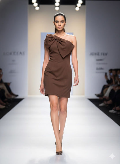 Cocoa Brown One-Shoulder Bow Sheath Dress